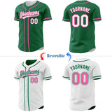 Custom Kelly Green White-Pink Reversible Button-Down Baseball Jersey