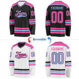 Custom Black Pink-Light Blue Reversible Double Side Hockey Jersey