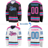 Custom Black Pink-Sky Blue Reversible Double Side Hockey Jersey