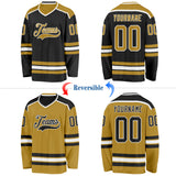Custom Black Old Gold-White Reversible Double Side Hockey Jersey