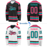 Custom Black Neon Pink-Aqua Reversible Double Side Hockey Jersey