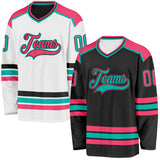 Custom Black Neon Pink-Aqua Reversible Double Side Hockey Jersey