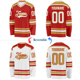 Custom Red White-Old Gold Reversible Double Side Hockey Jersey
