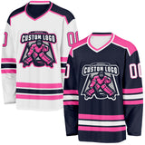 Custom Navy White-Pink Reversible Double Side Hockey Jersey