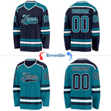 Custom Navy Teal-White Reversible Double Side Hockey Jersey