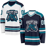 Custom Navy White-Teal Reversible Double Side Hockey Jersey