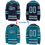 Custom Navy Gray-Teal Reversible Double Side Hockey Jersey