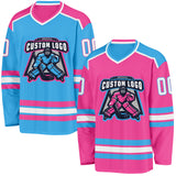 Custom Pink White-Sky Blue Reversible Double Side Hockey Jersey