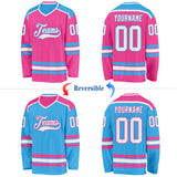 Custom Pink White-Sky Blue Reversible Double Side Hockey Jersey