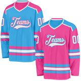 Custom Pink White-Sky Blue Reversible Double Side Hockey Jersey