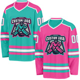 Custom Pink White-Aqua Reversible Double Side Hockey Jersey