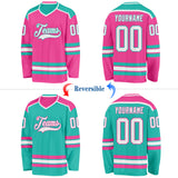 Custom Pink White-Aqua Reversible Double Side Hockey Jersey