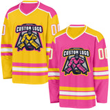 Custom Pink White-Yellow Reversible Double Side Hockey Jersey