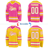 Custom Pink White-Yellow Reversible Double Side Hockey Jersey