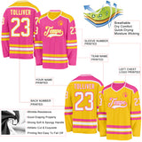 Custom Pink White-Yellow Reversible Double Side Hockey Jersey