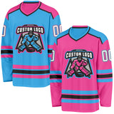 Custom Pink White Black-Sky Blue Reversible Double Side Hockey Jersey