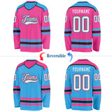 Custom Pink White Black-Sky Blue Reversible Double Side Hockey Jersey