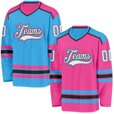 Custom Pink White Black-Sky Blue Reversible Double Side Hockey Jersey