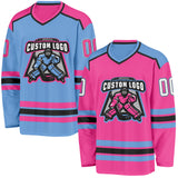 Custom Pink White Black-Light Blue Reversible Double Side Hockey Jersey