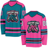 Custom Pink White Black-Teal Reversible Double Side Hockey Jersey