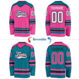 Custom Pink White Black-Teal Reversible Double Side Hockey Jersey