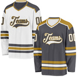 Custom Steel Gray White-Old Gold Reversible Double Side Hockey Jersey