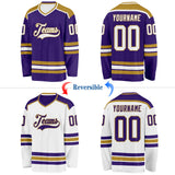 Custom Purple White-Old Gold Reversible Double Side Hockey Jersey