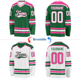 Custom Kelly Green White-Pink Reversible Double Side Hockey Jersey