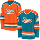 Custom Teal White-Orange Reversible Double Side Hockey Jersey