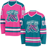 Custom Teal White-Pink Reversible Double Side Hockey Jersey