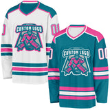Custom Teal White-Pink Reversible Double Side Hockey Jersey