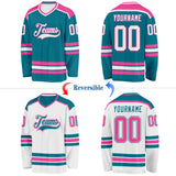 Custom Teal White-Pink Reversible Double Side Hockey Jersey