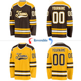 Custom Brown White-Gold Reversible Double Side Hockey Jersey