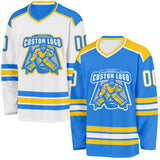 Custom Powder Blue White-Yellow Reversible Double Side Hockey Jersey