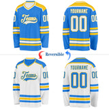 Custom Powder Blue White-Yellow Reversible Double Side Hockey Jersey