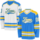 Custom Powder Blue White-Yellow Reversible Double Side Hockey Jersey