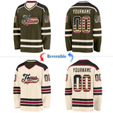 Custom Olive Vintage USA Flag Cream-Black Reversible Double Side Hockey Jersey