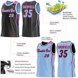 Custom Black Light Blue Pink-White Side Panel Stripe Geometric Triangle Gradient Dot Reversible Double Side Sublimation Basketball Set Jersey
