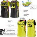 Custom Black Neon Yellow-Pink Side Panel Stripe Geometric Triangle Gradient Dot Reversible Double Side Sublimation Basketball Set Jersey