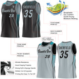 Custom Black Silver-Teal Side Panel Stripe Geometric Triangle Gradient Dot Reversible Double Side Sublimation Basketball Set Jersey