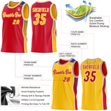 Custom Red Gold White-Royal Side Panel Stripe Geometric Triangle Gradient Dot Reversible Double Side Sublimation Basketball Set Jersey