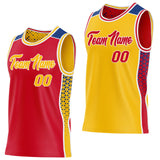 Custom Red Gold White-Royal Side Panel Stripe Geometric Triangle Gradient Dot Reversible Double Side Sublimation Basketball Set Jersey