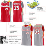 Custom Red White Gray-Gold Side Panel Stripe Geometric Triangle Gradient Dot Reversible Double Side Sublimation Basketball Set Jersey