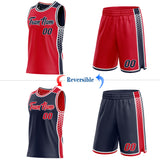 Custom Red Navy-White Side Panel Stripe Geometric Triangle Gradient Dot Reversible Double Side Sublimation Basketball Set Jersey