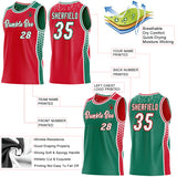 Custom Red White-Kelly Green Side Panel Stripe Geometric Triangle Gradient Dot Reversible Double Side Sublimation Basketball Set Jersey