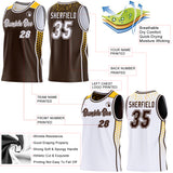 Custom Brown White-Gold Side Panel Stripe Geometric Triangle Gradient Dot Reversible Double Side Sublimation Basketball Set Jersey