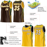 Custom Brown White Gold-Kelly Green Side Panel Stripe Geometric Triangle Gradient Dot Reversible Double Side Sublimation Basketball Set Jersey