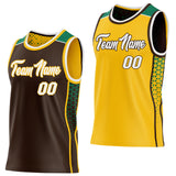 Custom Brown White Gold-Kelly Green Side Panel Stripe Geometric Triangle Gradient Dot Reversible Double Side Sublimation Basketball Set Jersey
