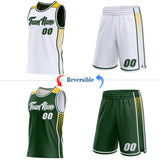 Custom White Green-Gold Side Panel Stripe Geometric Triangle Gradient Dot Reversible Double Side Sublimation Basketball Set Jersey
