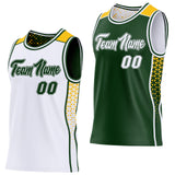 Custom White Green-Gold Side Panel Stripe Geometric Triangle Gradient Dot Reversible Double Side Sublimation Basketball Set Jersey
